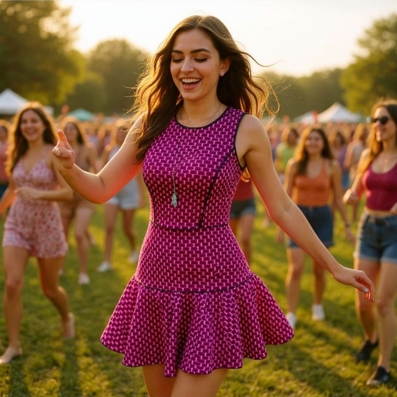 Red Label Saks Fifth Avenue Vintage Dress ✦ Pink & Black Drop Waist Leather Trim - Picture 1 of 14